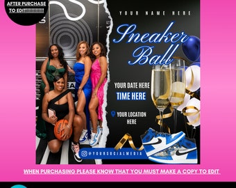 Sneaker Ball Party social media birthday celebration invitation premade diy Flyer Canva Template easy to edit gala lounge bar club food