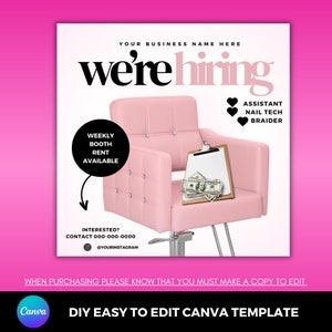 Plantilla Canva para salón de belleza boutique DIY, fácil de editar, para peluquería, uñas, maquillaje, cejas, redes sociales, negocios.