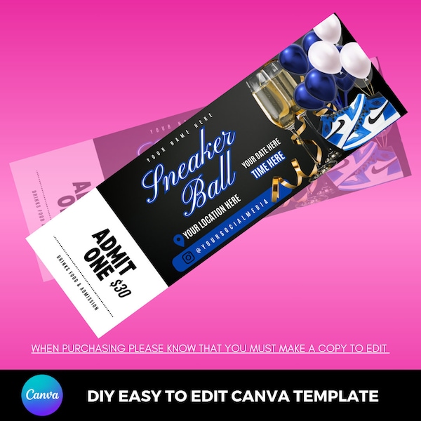 Sneaker Ball Blue party occasion celebration diy easy to edit printable Ticket Canva Template gala