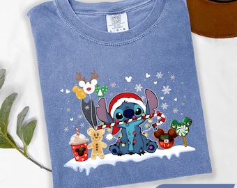 Camiseta navideña de Stitch, Camiseta navideña de Disney, Camiseta navideña de Lilo y Stitch, Camiseta retro de Feliz Navidad con Stitch, Camisetas navideñas para niños