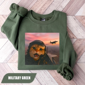 Kampfpilot Katze Meme Sweatshirt, Jet Luftfahrt T-Shirt, Katzen Liebhaber Geschenk, Brainrot Geschenk, Dumme Katze Meme Pullover, Vintage Grafik Tier T-Shirt