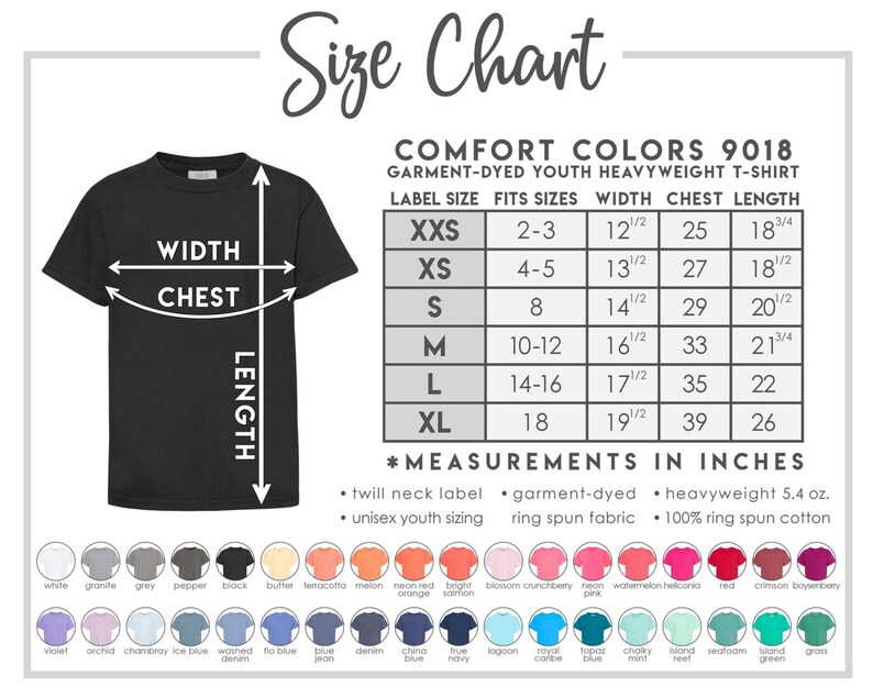 May include: A black t-shirt with a size chart, labeled "Size Chart." The chart details measurements in inches for Comfort Colors youth heavyweight t-shirts, including width, chest, and length for sizes XXS to XL. Color swatches are displayed at the bottom.