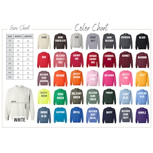 May include: A size chart and color chart for crewneck sweatshirts. The size chart lists widths and lengths in inches for sizes XS through 5XL. The color chart displays 42 color options, each labeled with its name, including sand, black, and various shades of red, green, and blue.