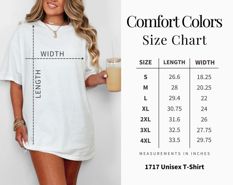 Op de afbeelding: Wit unisex T-shirt met een maattabel. De tabel geeft de maten S tot en met 4XL weer, met lengte- en breedtematen in inches. De tekst "Comfort Colors Size Chart" staat bovenaan. Het T-shirt is gelabeld "1717 Unisex T-Shirt".