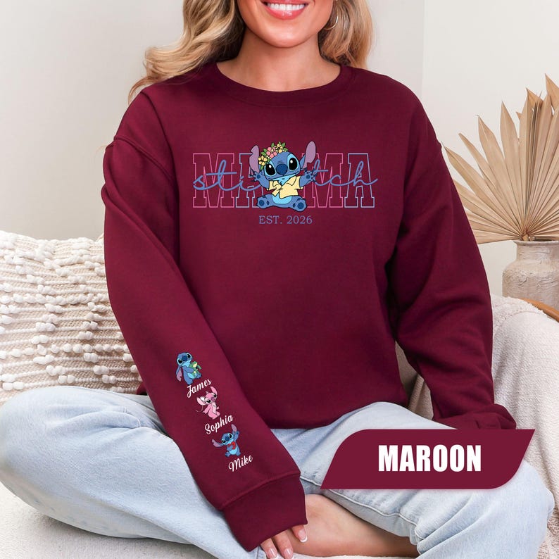 Custom Mama Stitch Sweatshirt, Mother's Day Sweatshirt, Stitch Sweater, Blue Monster Sweatshirt, Kid Name On Sleeve Jumper, Disney Stitch image 5