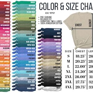 Peut inclure: Tableau des couleurs et des tailles pour un t-shirt, pr&eacute;sentant une vari&eacute;t&eacute; de couleurs et de mesures. Le tableau comprend des couleurs comme le rouge, le bleu et le vert, avec des tailles allant de petit &agrave; 4XL. Le t-shirt est pr&eacute;-r&eacute;tr&eacute;ci, coupe d&eacute;contract&eacute;e, 100% coton.
