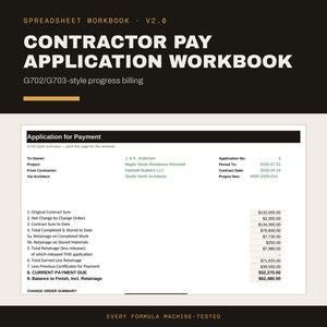 May include: A digital spreadsheet workbook titled Contractor Pay Application Workbook V2.0, featuring a G702/G703-style progress billing form. The document displays fields for project details, contract sums, retainage, and current payment due calculations.