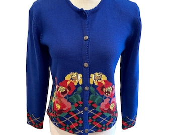 Susan Bristol Vintage Hand Embroidered Floral Blue Cardigan Sweater Size Small