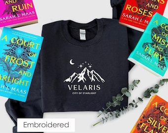 Velaris ACOTAR Embroidered Unisex Sweatshirt Funny Book Lover Hoodies Gifts for Reader Booktok Merch Bookworm Crew Gifts for Her Book Nerd