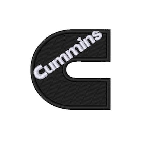 May include: Black and white embroidered patch with the word "Cummins" in a white outline on a black background. The patch is shaped like a stylised letter C.