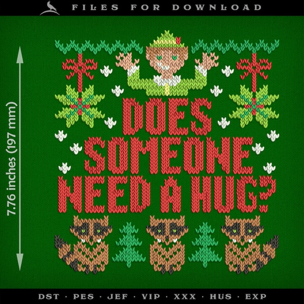Machine Embroidery File: 7.75-Inch Ugly Sweater "Need a Hug" Funny Raccoon Christmas Design in Faux Knit Pattern