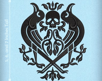 Embroidery: Nordic Raven Crest in Three Sizes Between 5 and 6.5 Inches (Two Thread Colors; Several Formats)
