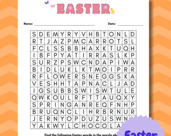 May include: A printable Easter word search puzzle with a pink and white title "Easter Printable Word Search". The puzzle features a grid of letters with words related to Easter, such as "bunny", "eggs", "carrots", "chicks", "spring", "parade", "hunt", "tulips", "basket", "chocolate", and "flowers".