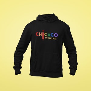 May include: Black hooded sweatshirt with a rainbow-coloured "CHICAGO PRIDE" graphic on the front.