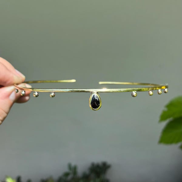 Brass Choker | Black Tourmaline | Bezel Set Crystal | Necklace Slip On No Clasp | Gift Gifting Gold Jewelry Crystals Gemstones Boho Hippie