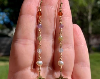 Handmade Crystal Pearl Star Earrings: Gold Boho Dangle Jewelry