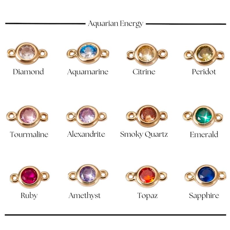 May include: Aquarian Energy: A chart of 12 gemstones, each set in a gold-toned ring, with the name of the gemstone below. The gemstones are: Diamond, Aquamarine, Citrine, Peridot, Tourmaline, Alexandrite, Smoky Quartz, Emerald, Ruby, Amethyst, Topaz, and Sapphire.
