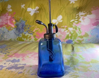 Vintage Plant Mister Cobalt Blue Glass with Plunger Tall Spray Bottle