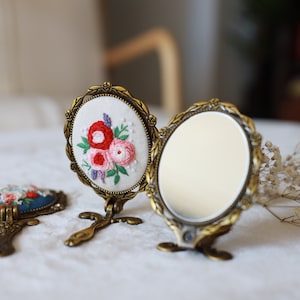 Floral Embroidered Compact Mirror. Flower Pocket Mirror. Makeup Mirror. Antique Compact Mirror, Vintage Vanity Hand Mirror, Bridesmaid Gift. image 4