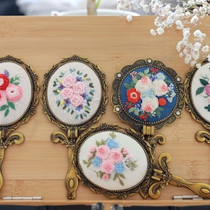 Floral Embroidered Compact Mirror. Flower Pocket Mirror. Makeup Mirror. Antique Compact Mirror, Vintage Vanity Hand Mirror, Bridesmaid Gift. image 9