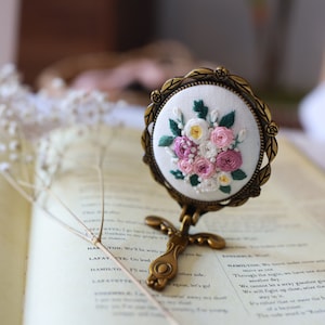 Floral Embroidered Compact Mirror. Flower Pocket Mirror. Makeup Mirror. Antique Compact Mirror, Vintage Vanity Hand Mirror, Bridesmaid Gift. image 2