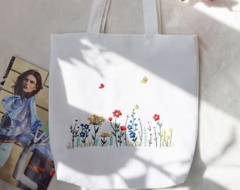 Floral Embroidered  Bag, Cute Wild Flower Embroidery Market Bag, Eco Friendly Grocery Bag, Cute Tote, Aesthetic Bag, Christmas Gift
