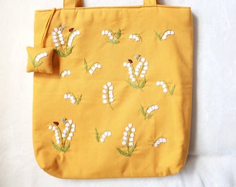 Personalized Embroidered Tote Bag With Lily of The Valley Flowers, Floral Linen Tote Bag. Vintage Handmade Yellow Shoulder Bag, Gift for Her