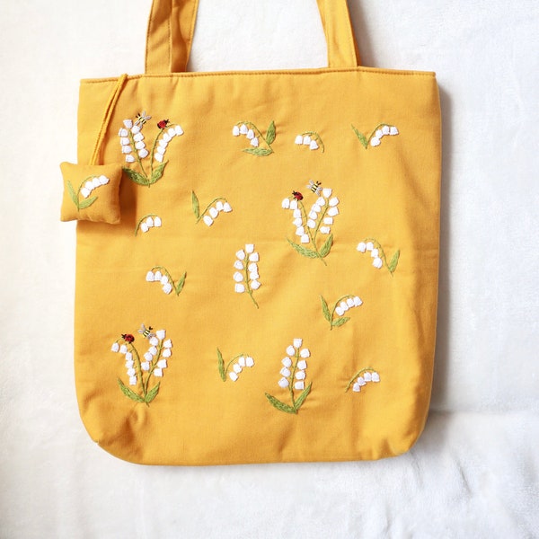 Personalized Embroidered Tote Bag With Lily of The Valley Flowers, Floral Linen Tote Bag. Vintage Handmade Yellow Shoulder Bag, Gift for Her