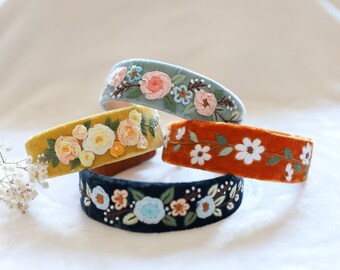 Elegant Floral Embroidered Velvet Headband, Handmade Headband with Flower Embroidery, Bridesmaid Gifts, Cute Vintage Headband