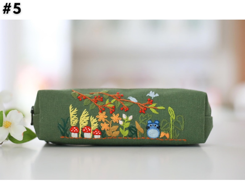 Hand Embroidered Pencil Case with Flower Embroidery, Pen Case, Floral Makeup Pouch, Flower Makeup Bag, Mother's Day Gift 5 - Green