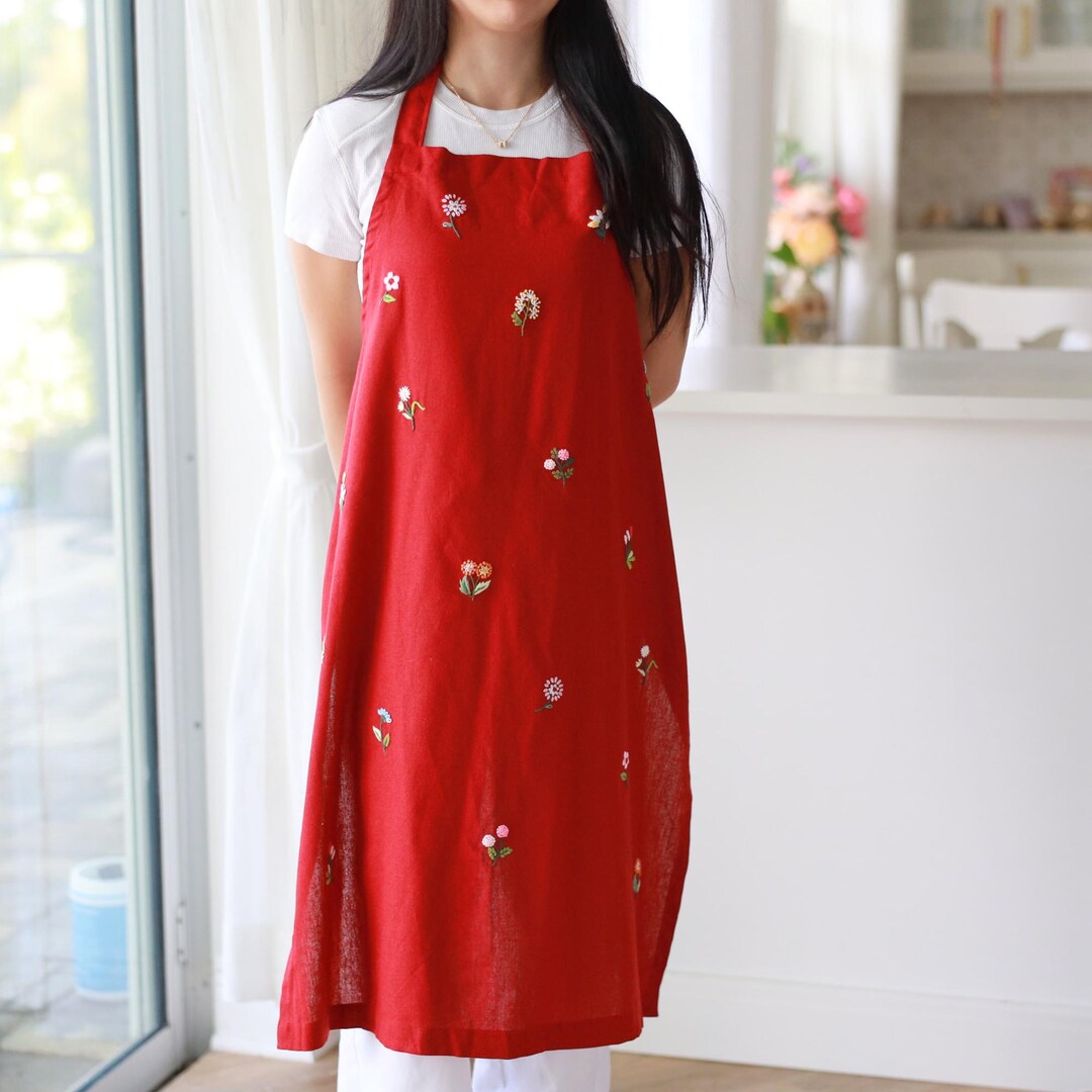 Hand Embroidered Red Linen Apron - Etsy