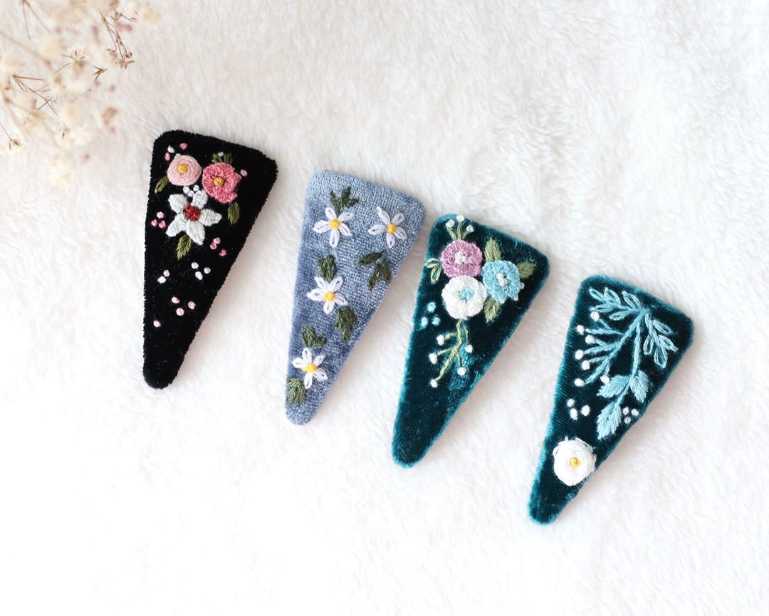 Flower Velvet Hair Clips, Handmade Floral Embroidered Hair Clips , Cute ...