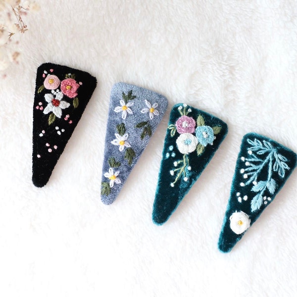 Flower Velvet Hair Clips, Handmade Floral Embroidered Hair Clips , Cute Hair Clips, Hair Barrettes, Holiday Gifts, Bridesmaid Gift.