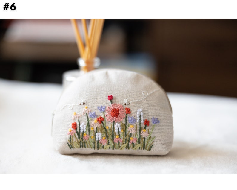 Hand Embroidered Coin Purse with Flower Embroidery, Earphone Case, Vintage Coin Purse, Bridesmaid Gift, Linen Pouch 6 - Natural