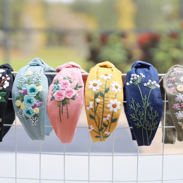 Floral Embroidered  Headband,  Knot Turban, Colorful Wide Hairband, Vintage Turban, Boho Twisted Headband, Bridesmaid gift