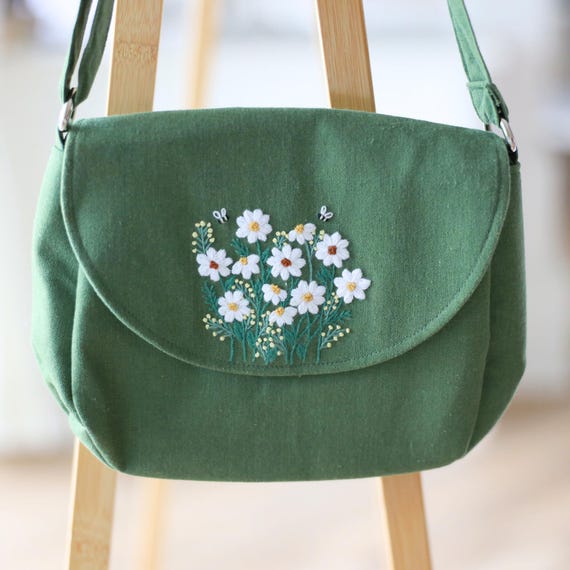 Moss Green Hand Embroidered Crossbody Bag, Handmade Linen Shoulder Purse with Wildflowers & Bees, Christmas Gift, Gift for Her