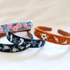 Elegant Floral Embroidered Velvet Headband, Handmade Headband with Flower Embroidery, Bridesmaid Gifts, Cute Vintage Headband