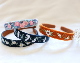 Elegant Floral Embroidered Velvet Headband, Handmade Headband with Flower Embroidery, Bridesmaid Gifts, Cute Vintage Headband