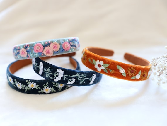Elegant Floral Embroidered Velvet Headband, Handmade Headband with Flower Embroidery, Bridesmaid Gifts, Cute Vintage Headband
