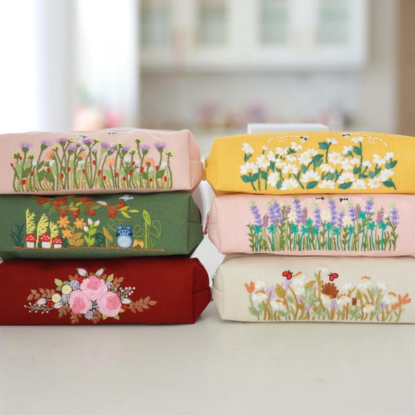 Hand Embroidered Pencil Case with Flower Embroidery, Pen Case, Floral Makeup Pouch, Flower Makeup Bag, Mother's Day Gift