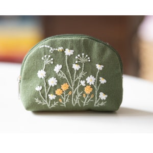 Hand Embroidered Coin Purse with Flower Embroidery, Earphone Case, Vintage Coin Purse, Bridesmaid Gift, Linen Pouch 3 - Moss Green