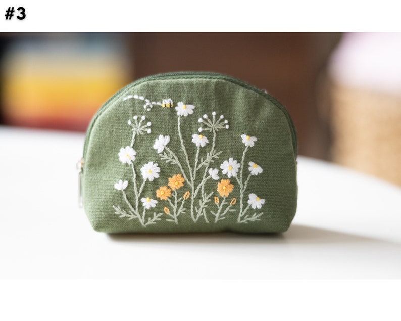 Hand Embroidered Coin Purse with Flower Embroidery, Earphone Case, Vintage Coin Purse, Bridesmaid Gift, Linen Pouch 3 - Moss Green