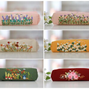 Hand Embroidered Pencil Case with Flower Embroidery, Pen Case, Floral Makeup Pouch, Flower Makeup Bag, Mother's Day Gift image 2