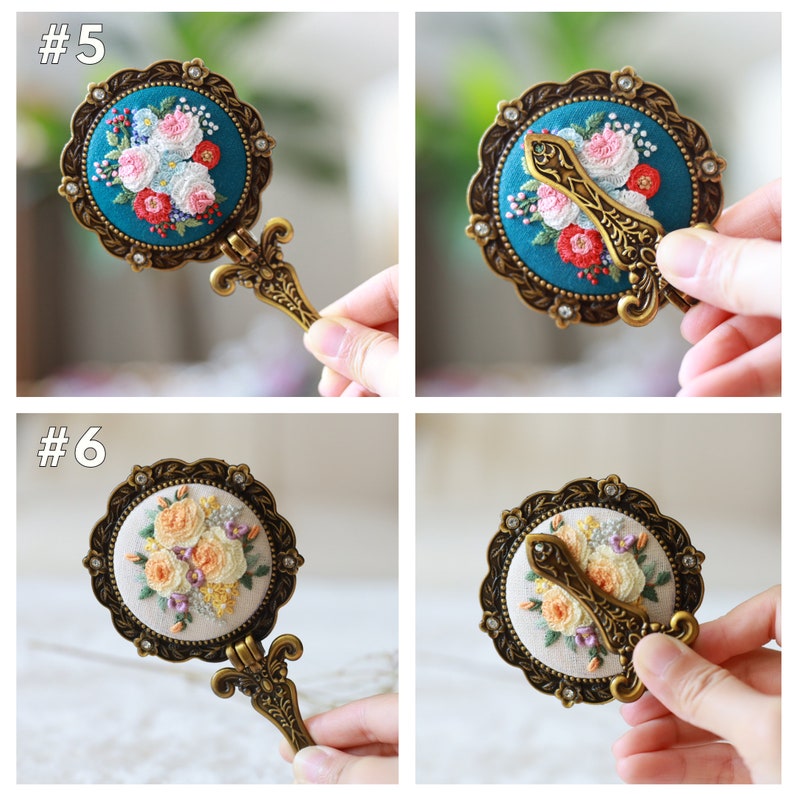 Floral Embroidered Compact Mirror. Flower Pocket Mirror. Makeup Mirror. Antique Compact Mirror, Vintage Vanity Hand Mirror, Bridesmaid Gift. image 7