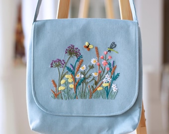 Hand Embroidered Blue Floral Crossbody Bag, Linen Shoulder Bag with Magnetic Closure & Adjustable Strap, Christmas Gift, Gift for Her