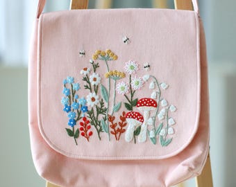 Hand Embroidered Pastel Pink Floral Crossbody Bag, Linen Shoulder Bag with Magnetic Closure & Adjustable Strap, Christmas Gift, Gift for Her