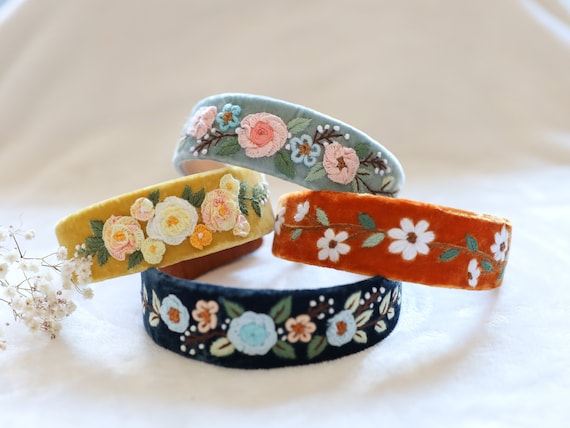 Elegant Floral Embroidered Velvet Headband, Handmade Headband with Flower Embroidery, Bridesmaid Gifts, Cute Vintage Headband