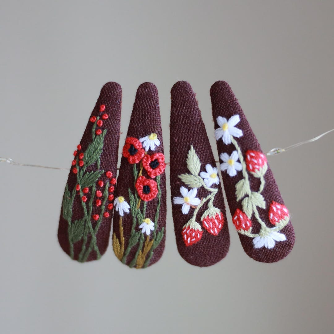 Hand Embroidered Floral Hair Clips, Barrettes, Strawberry Wildflower ...