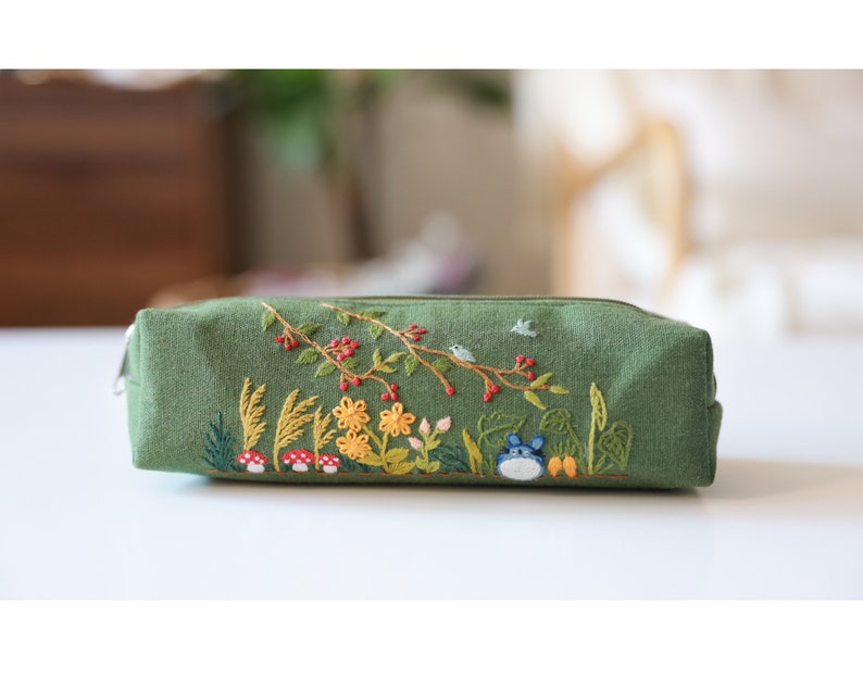 Hand Embroidered Pencil Case with Flower Embroidery, Pen Case, Floral Makeup Pouch, Flower Makeup Bag 5 - Green