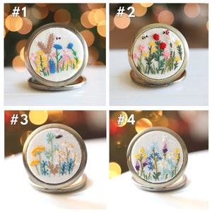 Floral Embroidered Compact Mirror, Pocket Mirror, Makeup Mirror, Vintage Gift for Her, Bridesmaid Gift, Wedding Favor, Christmas Gift. image 4